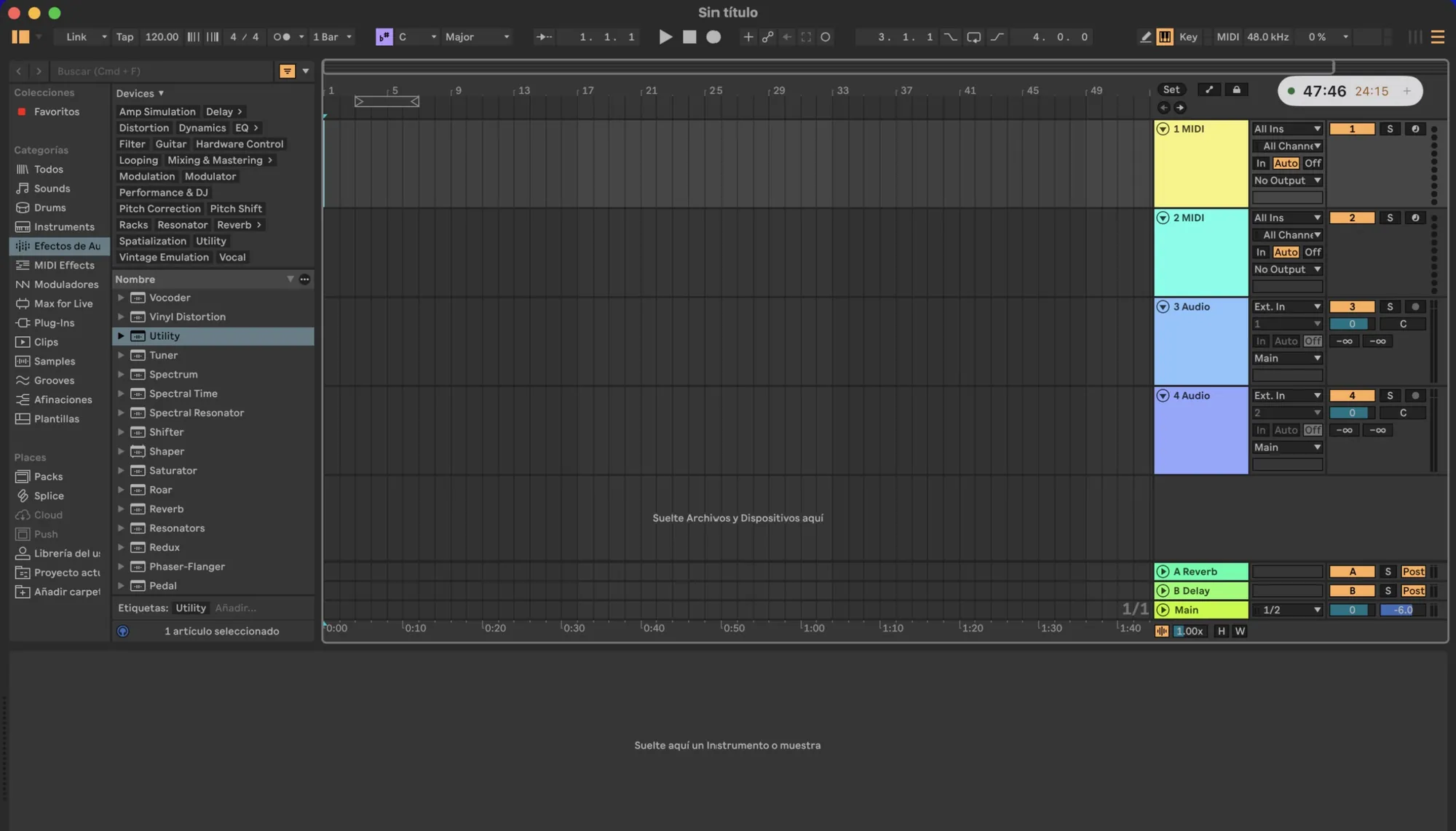 Ableton Live en vista Arrangement con la píldora del cronómetro de Bloom OS arriba a la derecha: 47:46 de sesión y 24:15 del bloque de Pomodoro