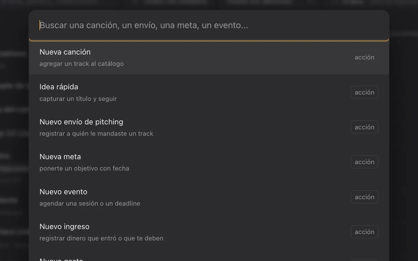 El buscador Cmd+K con acciones: nueva canción, idea rápida, nuevo envío de pitching, nueva meta
