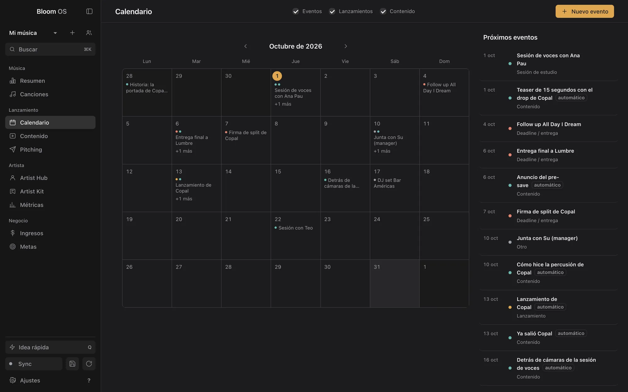 El calendario de octubre con sesiones, entregas, el lanzamiento de Copal y las piezas de contenido, y la lista de próximos eventos a la derecha