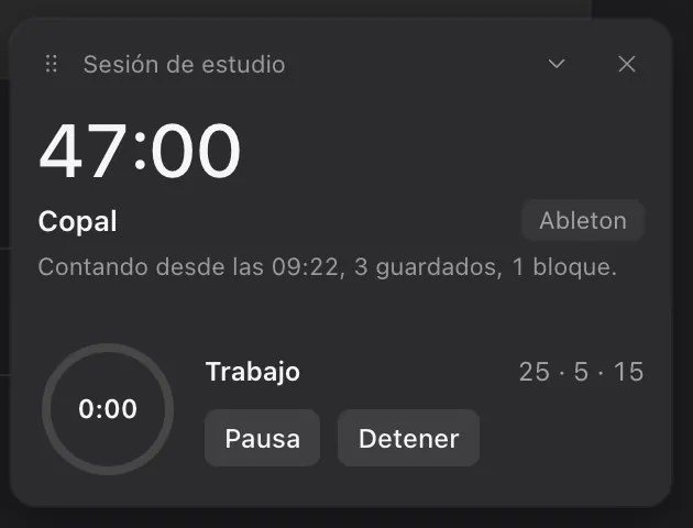 El cronómetro completo: 47:00 en Copal en Ableton, contando desde las 09:22, con el bloque de trabajo del Pomodoro y los botones Pausa y Detener