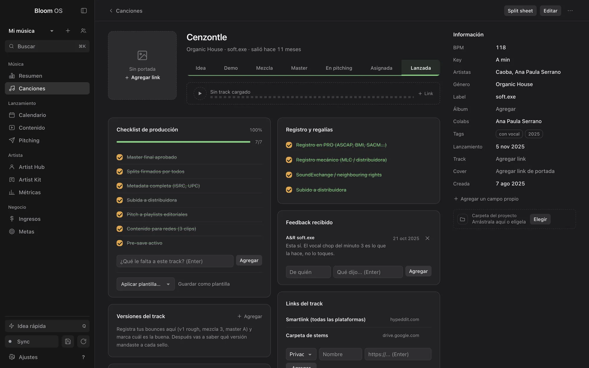 La ficha de Cenzontle: checklist de producción, registro y regalías, feedback recibido, links del track y la información del lado derecho